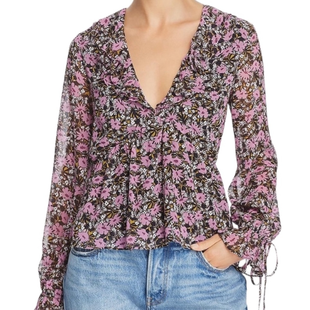 Lost + Wander "Lovestoned" Purple Floral Ruffled Chiffon Peplum Blouse S